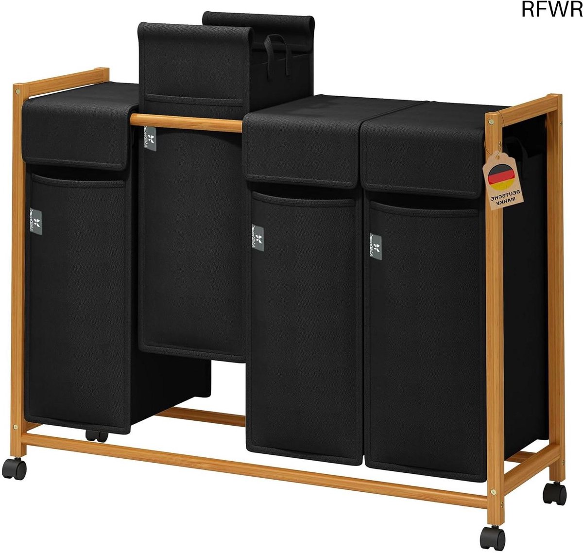 RFWR® Wasmachine Wasmand van Bamboe met Wielen en 4 Vakken, 200 Liter