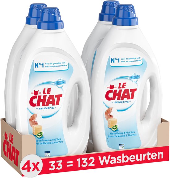 Le Chat Gel Sensitive - Vloeibaar Wasmiddel - Geschikt Voor Alle Was - Frisse Geur - Marseille Zeep - Voordeelverpakking - 4 x 33 Wasbeurten