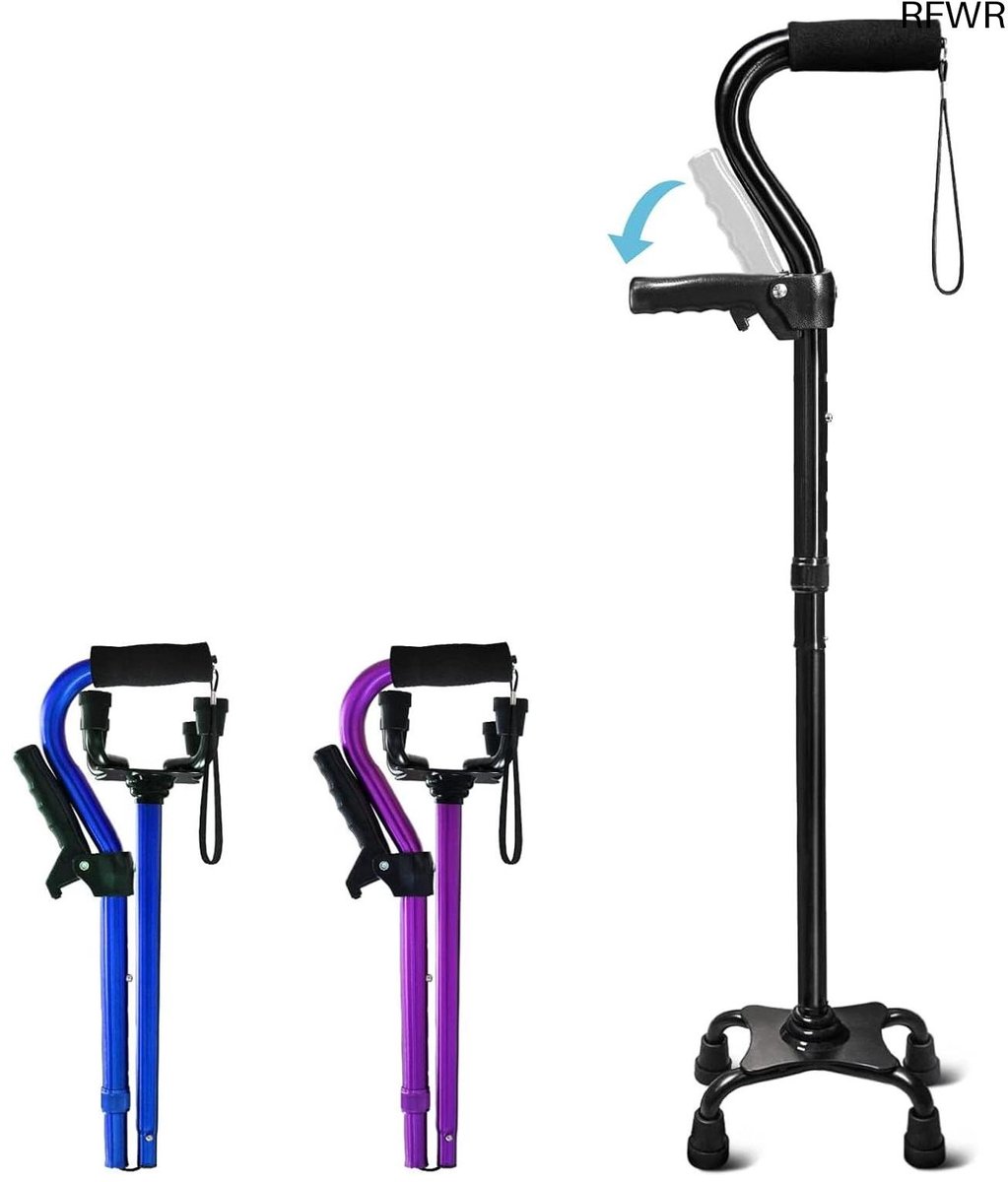 RFWR® Verstelbare Opvouwbare Wandelstok voor Senioren met 4-polige Basis voor Extra Stabiliteit - Comfortabel Schuim Gewatteerde Handvat