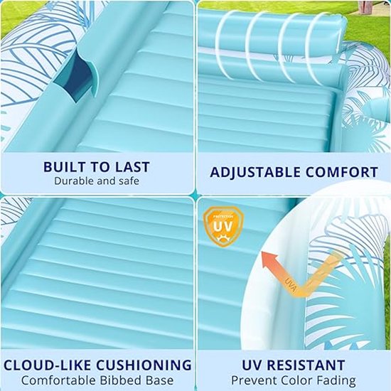 Opblaasbaar luchtmatras, zwembad, dubbel deluxe tanning zwembad, grote waterhangmat voor volwassenen, opblaasbaar zonnezwembad met hoofdsteun en bekerhouder voor zomer, zwembad, strand van Merkloos — afbeelding 4