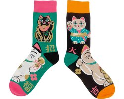 Sokken met Lucky Cat - Verschillende grappige sokken Dames maat 36-41 - Japanse Gelukskat Manaki Neko - met goud