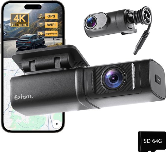 Foto: Dashcam voor auto voor en achter 4k en 64gb dual dashcam g sensor en time lapse functie zwart van faas