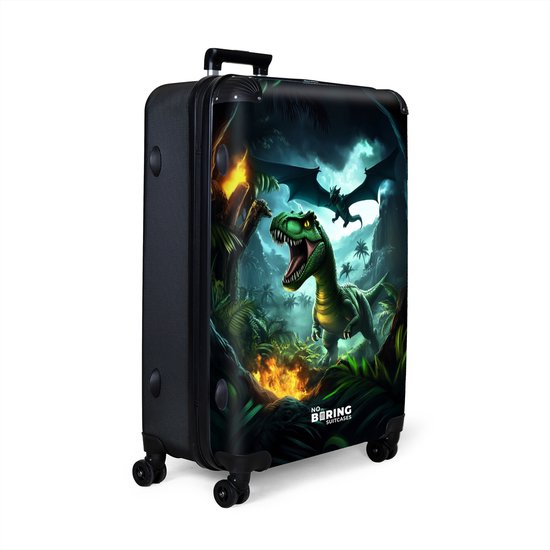 NoBoringSuitcases.com® - Grande valise - Valise de voyage légère - Dinosaurus et dragon dans une vallée de jungle enflammée - Trolley à 4 roues - Grand trolley XL - 98 litres de bagages