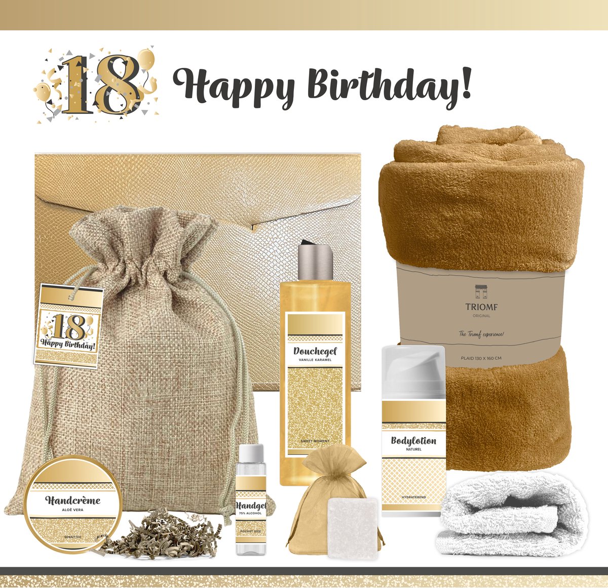 Geschenkset “18 Jaar Happy Birthday!” - 8 producten - 1210 gram | Cadeau Verjaardag Achttien - Luxe wellness cadeaubox - Giftset Speciaal voor Haar - Gefeliciteerd Douchegel Cadeaupakket - Gift Set Party Sweet Eighteen - Verjaardagscadeau Koper Goud