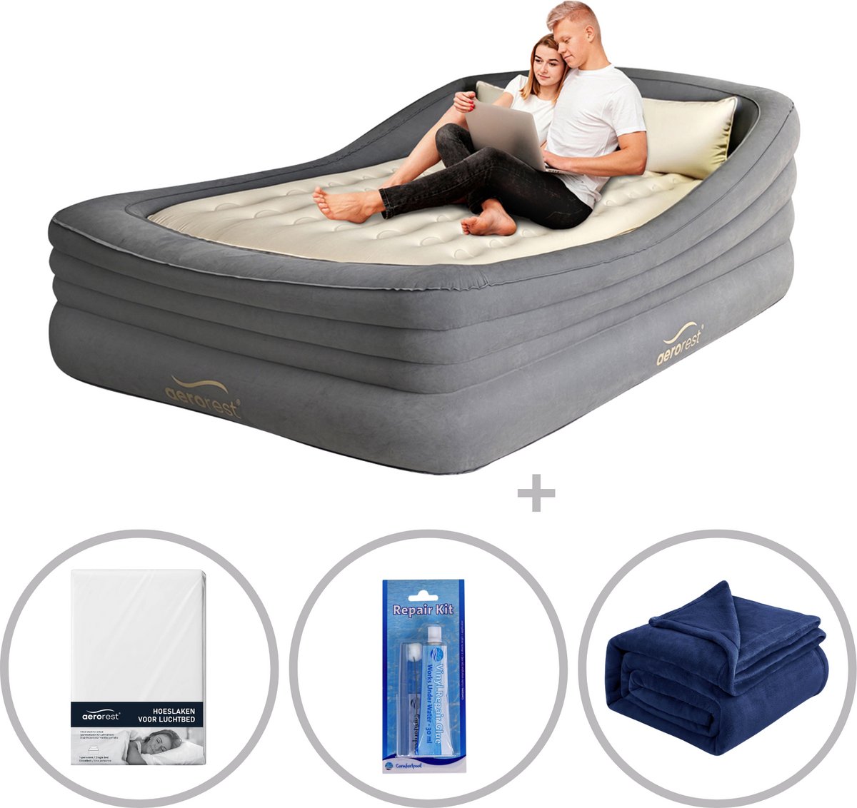 AeroRest Prime Frame 2-persoons luchtbed - Extra lang | 210 cm | Inclusief bijpassend hoeslaken + 2 fleece dekens + reparatiekit | Ideaal luchtbed voor langere personen | 2-in-1 luchtbed