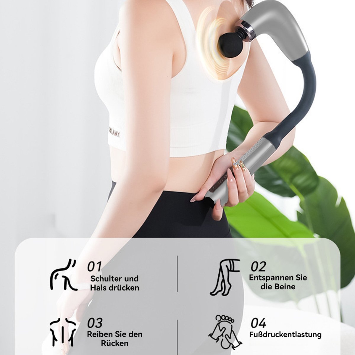 Afbeelding 3 van CHIWIN Massagepistool met 4 opzetstukken – 9 standen – Diepe spiermassage – U-vormig ergonomisch design – Stil & krachtig – Oplaadbaar via Type-C – Voor rug, nek, schouders en benen