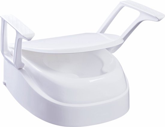 Witte toiletverhoger met deksel en armleuningen.
