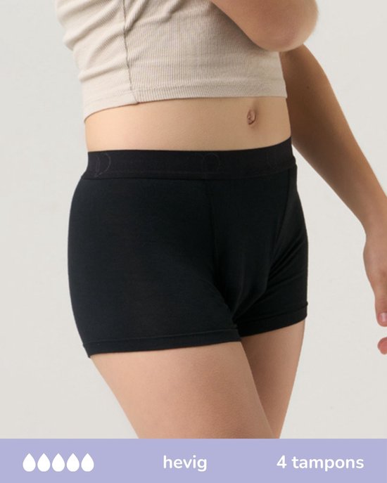 Moodies menstruatie ondergoed (meiden) - Bamboe Boyshort - hevig kruisje - maat 164/170 (S) - zwart