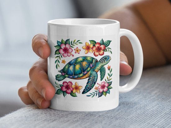 Mug Tortue Tropicale, Mug à Fleurs Hawaïennes, Mug Illustration Tortue Marine, Mug à Café sur le Thema de l'Été, Mug à Thee , Idée Cadeau
