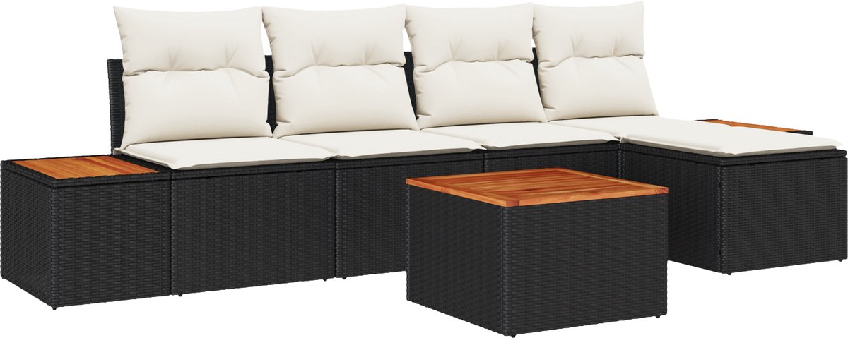 vidaXL - Tuinbank - Set - met - kussen - 6 - pcs - Zwart - en - Crème - Polyrattan