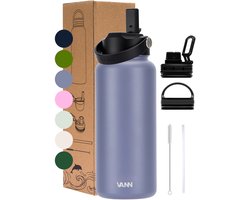 VANN® 3-Wandige Drinkfles 1 liter met rietje voor volwassenen – Met 5 accessoires + 25 recepten – Thermosfles – 24 uur koud/12 uur warm – Grijspaars