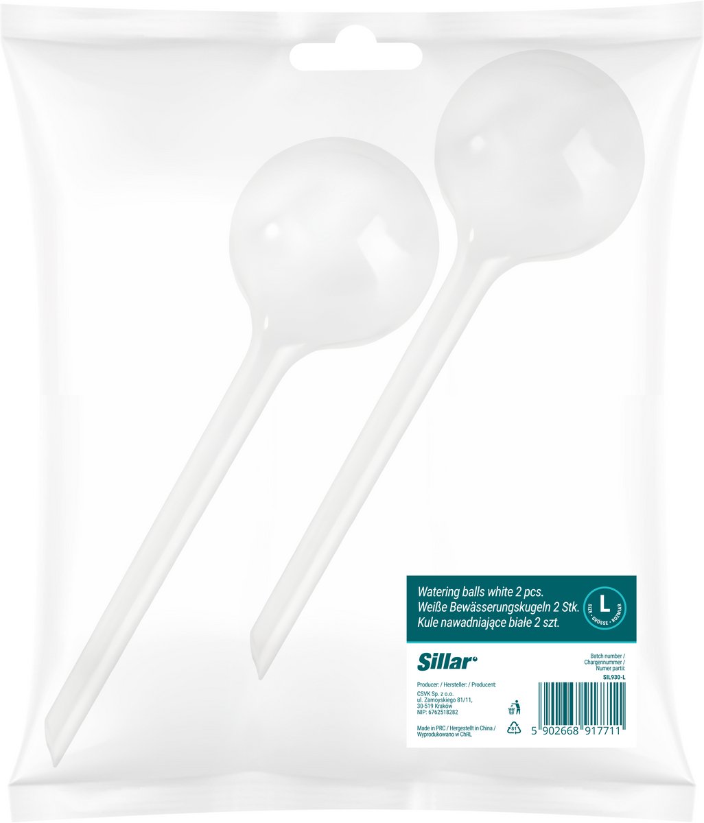 Sillar, waterdruppelaar voor planten, set 2 stuck, druppelsysteem, waterbol voor kamerplanten, 250ml, 24cm, L, wit