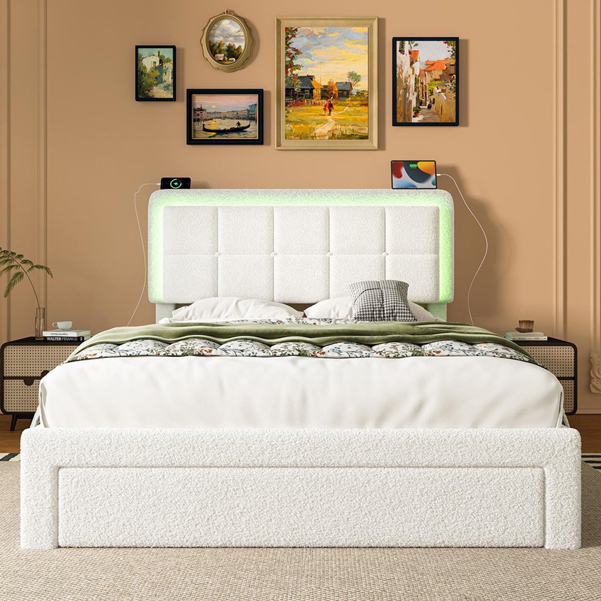 Pugsdrly Bedframe met teddyfluwelen bekleding ijzeren en houten frame verstelbaar hoofdeinde instelbare sfeerverlichting USB-poort modern bedframe 160 x 200 cm