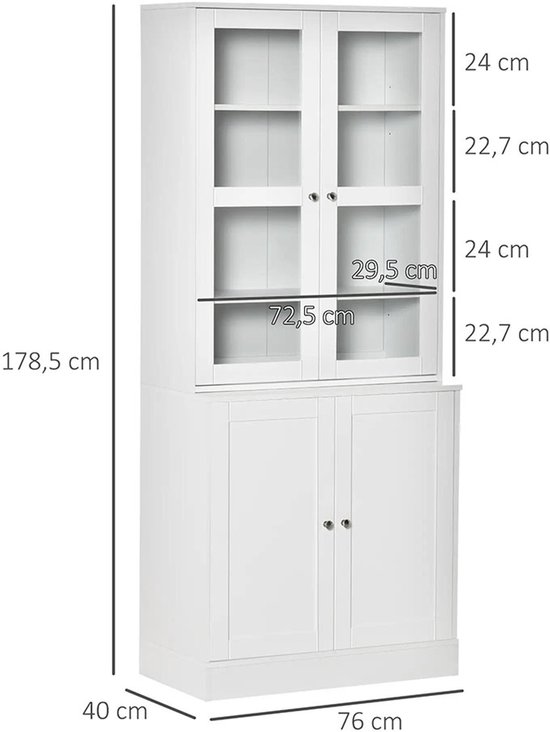 Sweiko Boekenkast - Vitrinekast - Glazen deuren - 76 × 40 × 178.5 cm - Wit