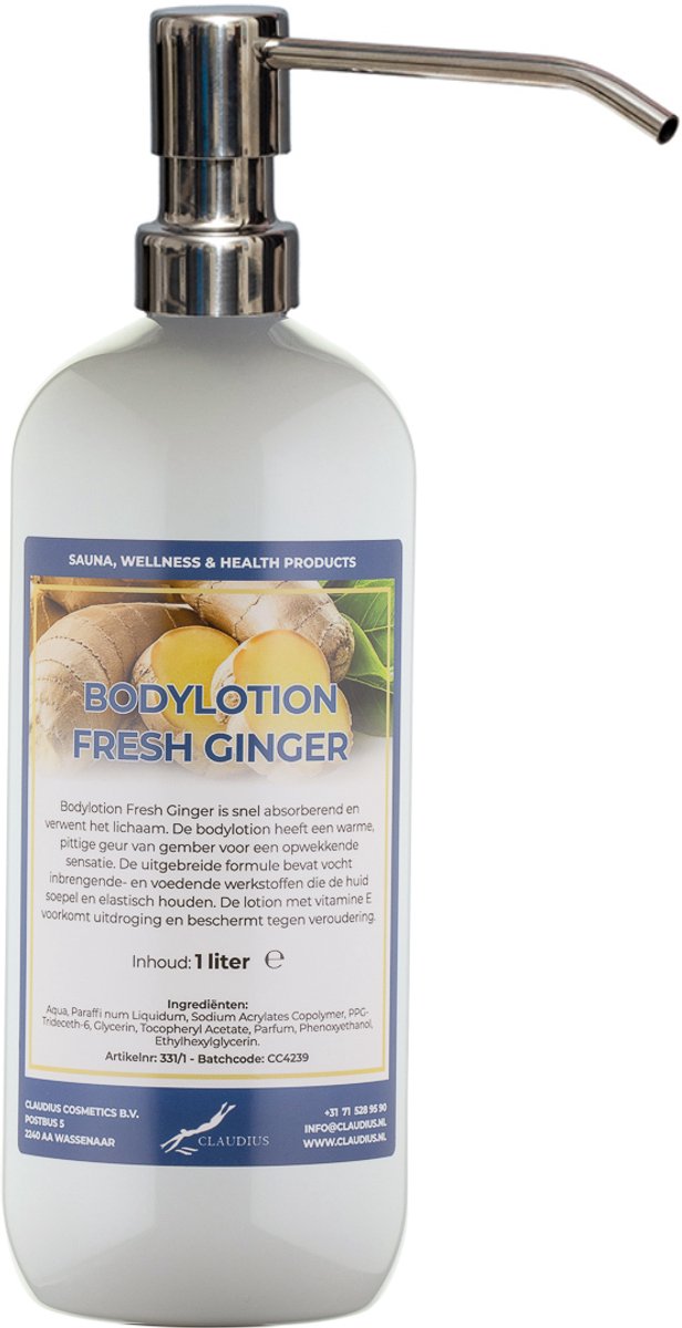 Bodylotion Fresh Ginger 1 Liter met luxe RVS zilverkleurige pomp - stijlvolle en duurzame uitstraling