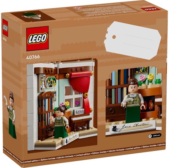 LEGO 40766: Eerbetoon aan Jane Austen's Boeken, zijaanzicht met bouwset, minifiguur, piano en boekenkast.
