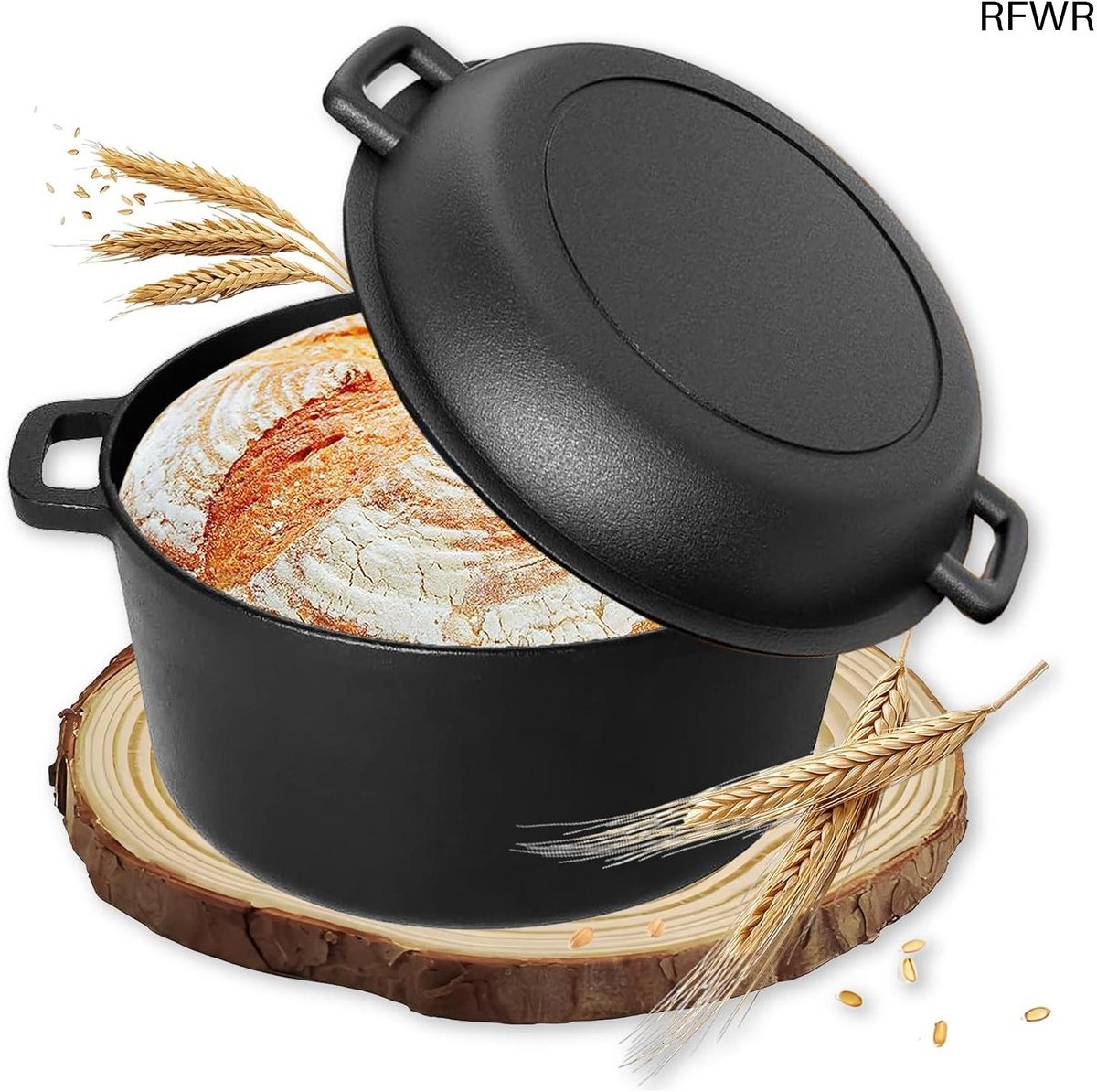 RFWR® 26 cm Gietijzeren Pan - 2-in-1 Broodbakvorm en Braadpan met Deksel - Multifunctionele Stoofpan voor Koken en Braden