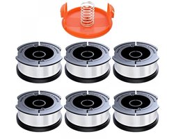 Lot de 6 bobines de fil de coupe pour Black & Decker, Ø 1,65 mm avec fil de coupe de 9 m, contient 1 couvercle de bobine de rechange et 1 ressort de rechange