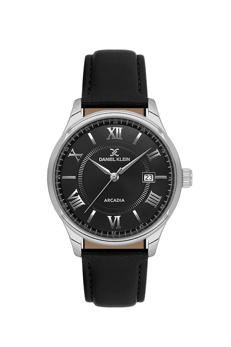 Daniel Klein DK.6.14051-5 - Horloge - Polshorloge - Analoog - Heren - Mannen - Leren band - Metaal - Rond - Romeinse cijfers - Streepjes - Datumaanduiding - Zwart - Zilverkleurig- Wit