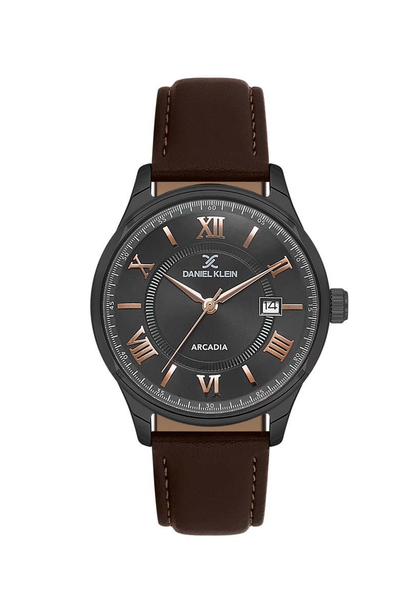Daniel Klein DK.6.14051-7 - Horloge - Polshorloge - Analoog - Heren - Mannen - Leren band - Metaal - Rond - Romeinse cijfers - Streepjes - Datumaanduiding - Donkerbruin- Rosékleurig- Grijs - Zwart - Wit
