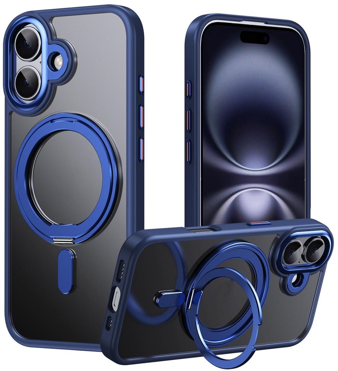 Mobigear Hoesje geschikt voor Apple iPhone 17 MagSafe Telefoonhoesje Hardcase | Mobigear Frosted Mag Backcover met Standaard | Geschikt voor MagSafe | Geschikt voor Draadloos Opladen met Magnetische Ring | Geschikt voor MagSafe Case - Blauw