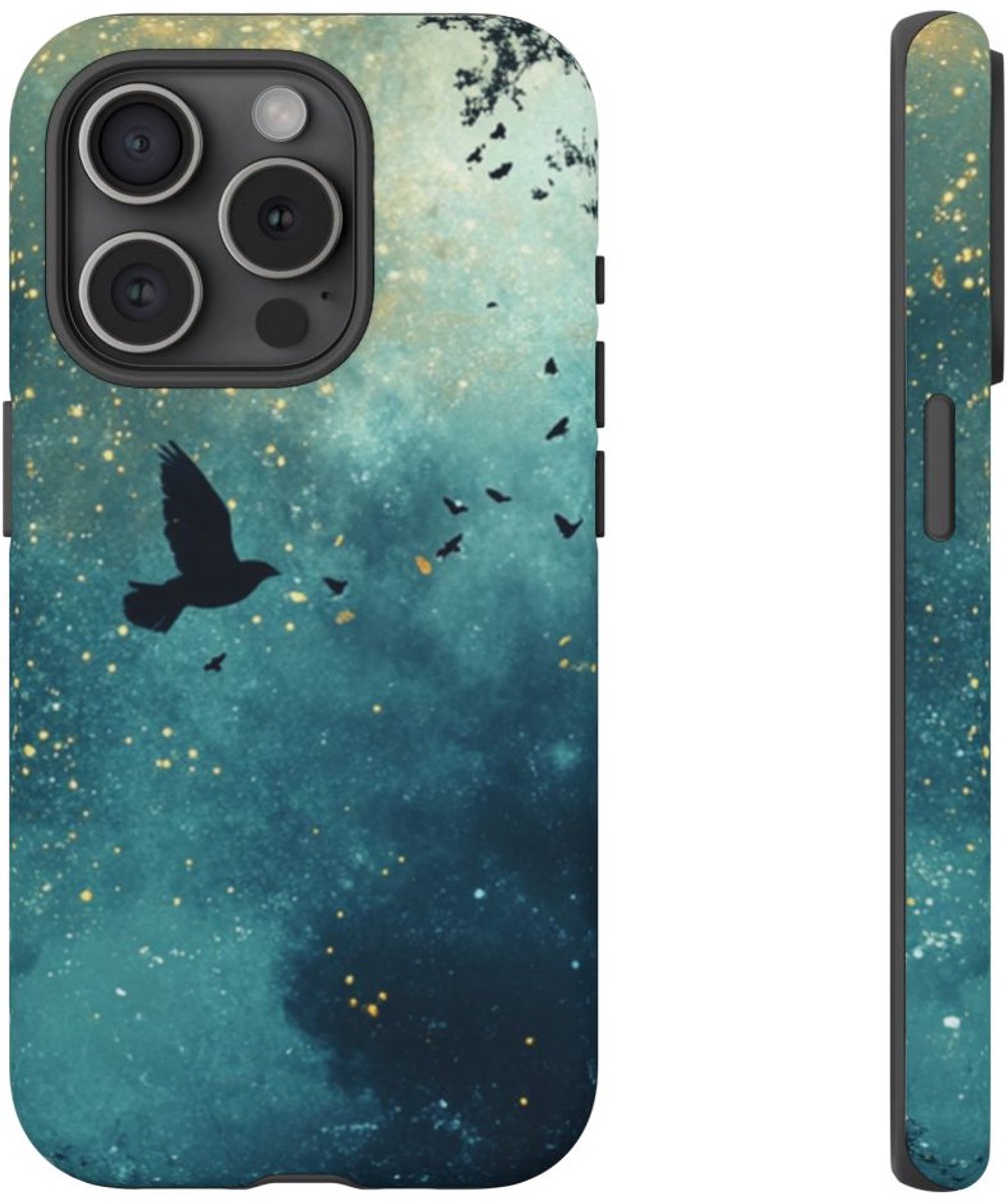 Nachtelijke Lucht met Vogels en Bomen – Telefoonhoesje Geschikt voor iPhone 15 Pro