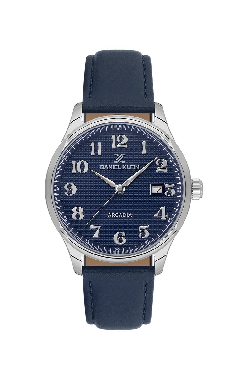 Daniel Klein DK.6.14051-3 - Horloge - Polshorloge - Analoog - Heren - Mannen - Leren band - Metaal - Rond - Cijfers - Streepjes - Datumaanduiding - Blauw - Zilverkleurig- Wit -Zwart