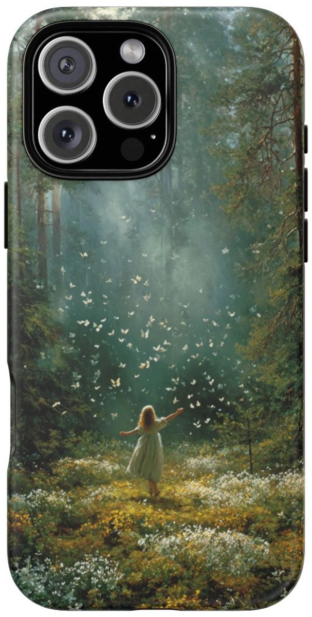 Meisje in Zonovergoten Bos met Vlinders – Telefoonhoesje Geschikt voor iPhone 16 Pro Max
