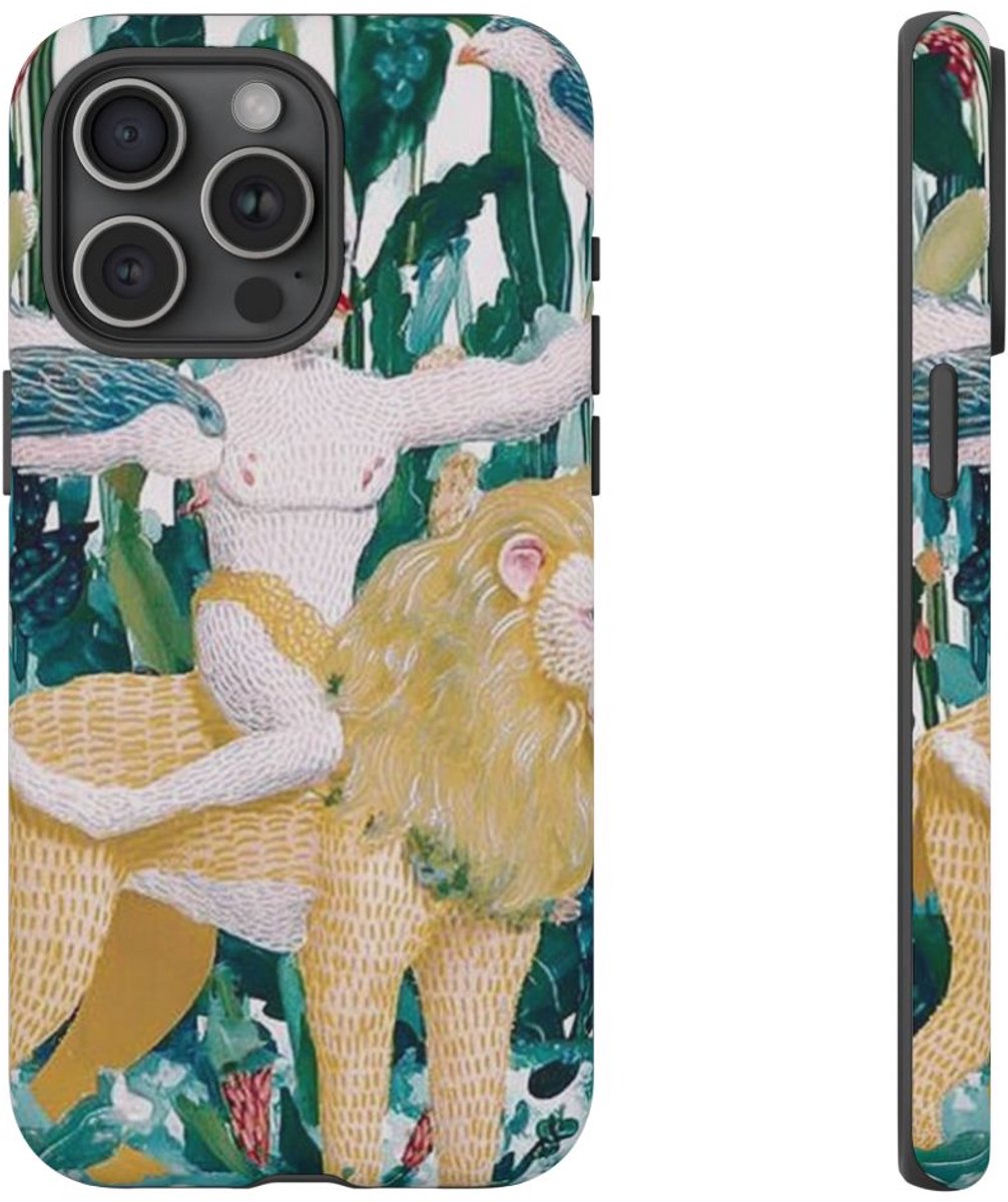 Surrealistische Man met Vogels op Leeuw – Telefoonhoesje Geschikt voor iPhone 15 Pro Max
