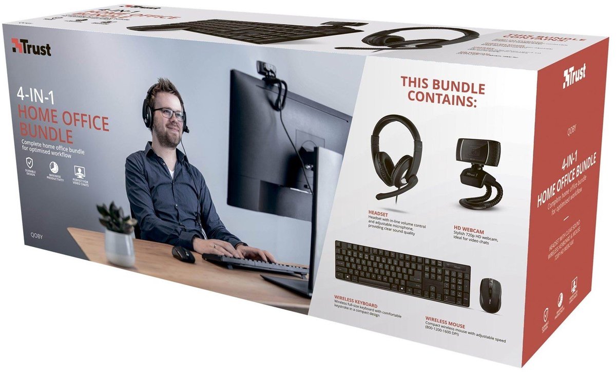Trust Qoby 4-in-1 Home Office Set: Qoby 4-in-1 thuiskantoorset - Keyboard, mouse, headset and web camera set - italiaans - Zwart