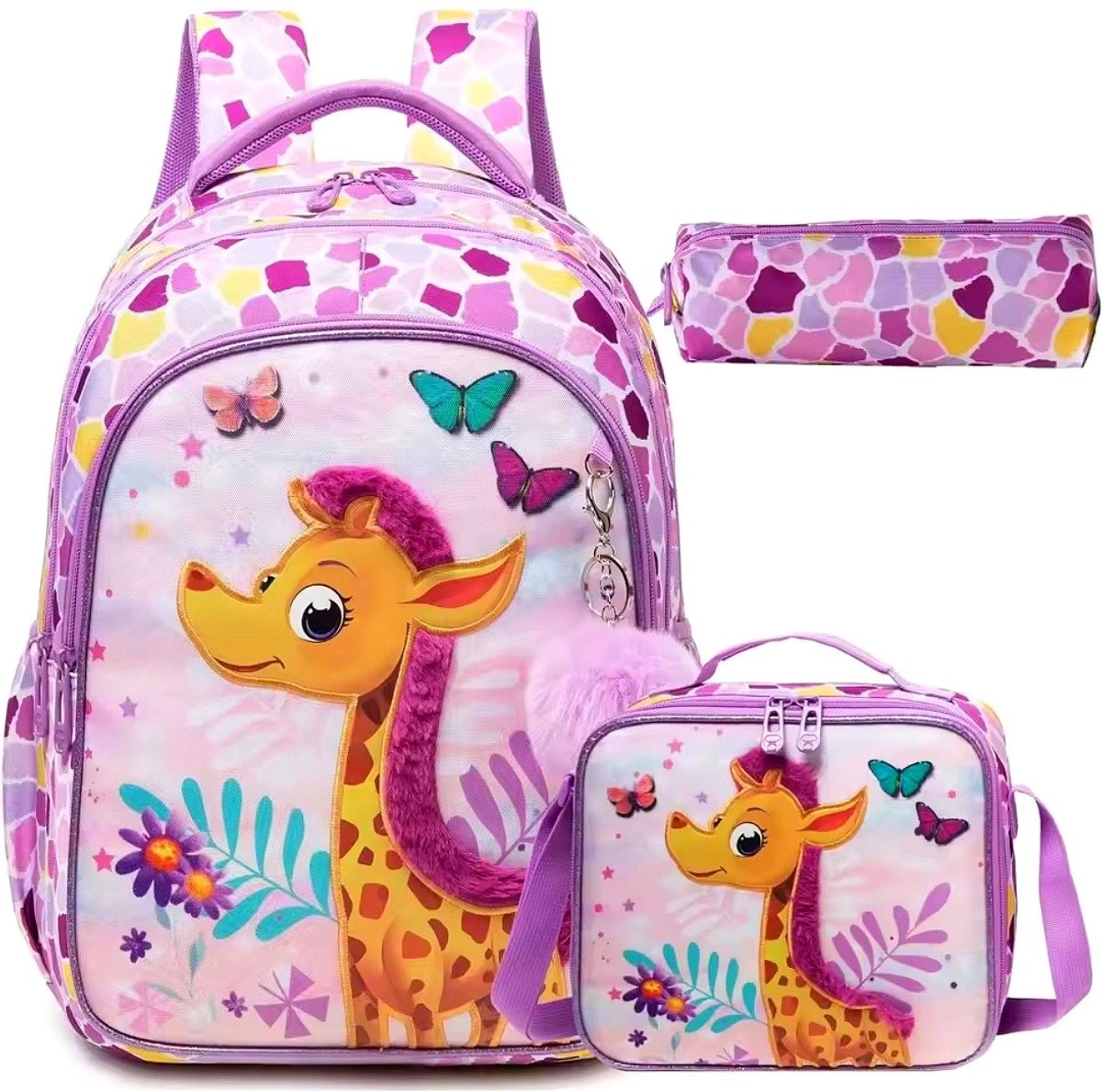 Ultiluxe® Giraf rugzak, lunchtas, etui - Roze/paars - Voelbaar teddy stof - 42 x 30 x 20 cm - Giraffen print met pompom - Complete schoolset - Schoolrugzak voor meisjes - Meiden schooltas giraffe voor kinderen - 3-delige rugtas set