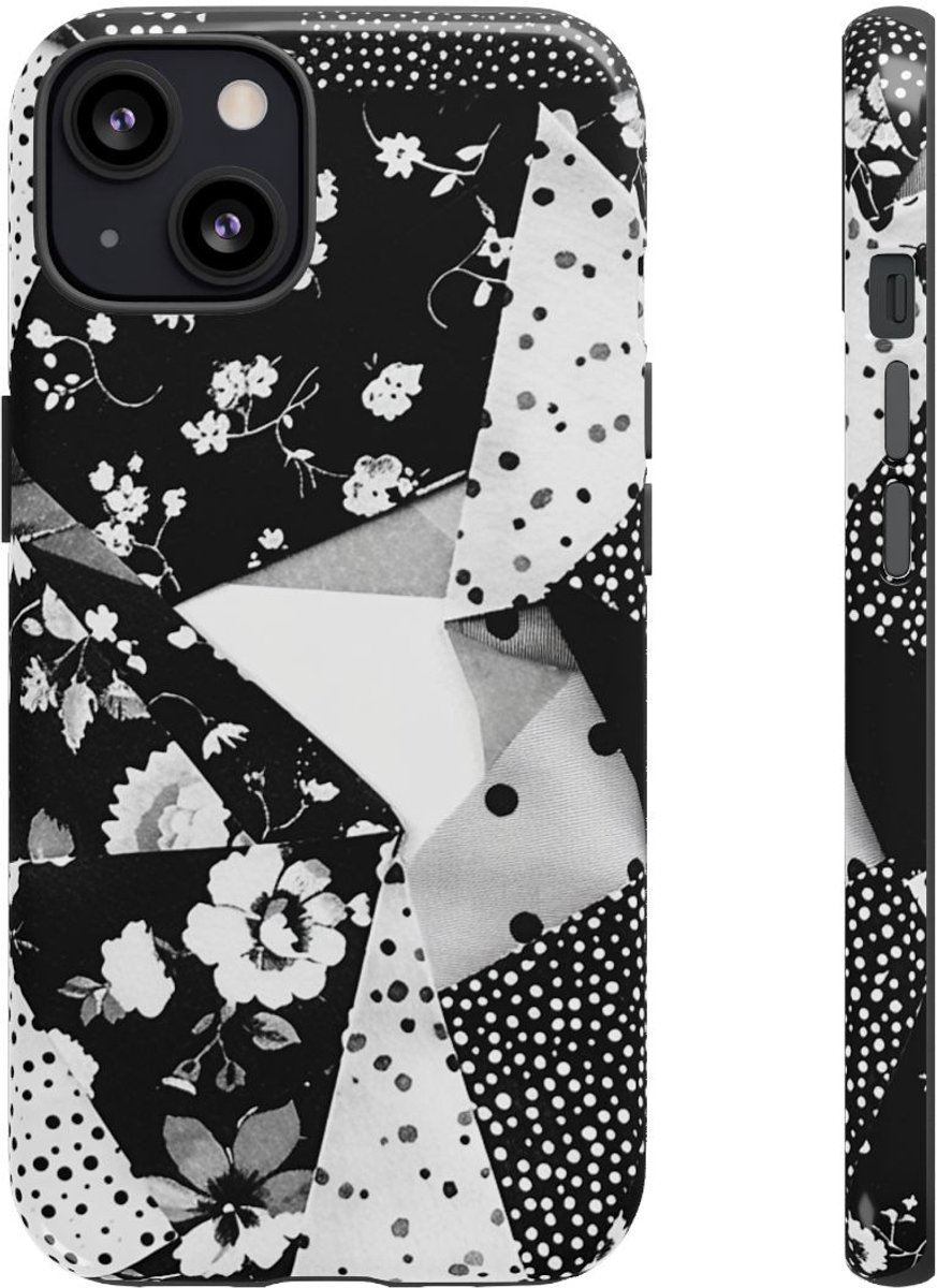 Monochrome Bloemen- en Polkadot Patchwork – Telefoonhoesje Geschikt voor iPhone 13