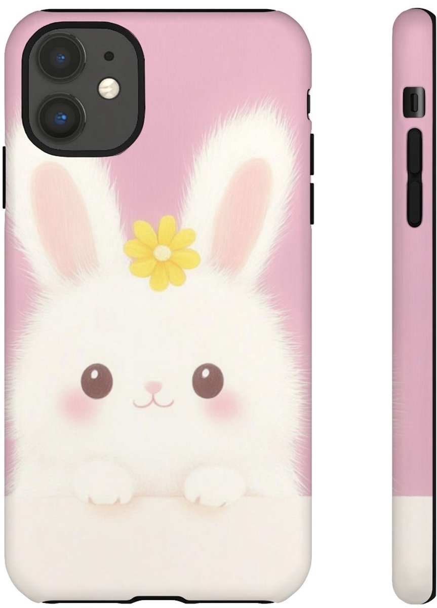 Schattig Wit Konijntje met Gele Bloem – Telefoonhoesje Geschikt voor iPhone 11