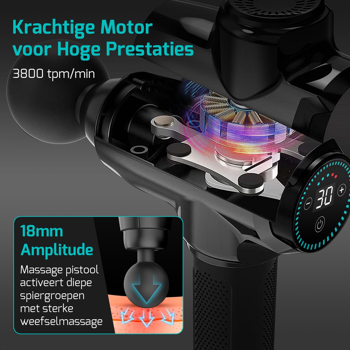 FITAGE Massage Gun Professioneel Massageapparaat Zwart - afbeelding 2