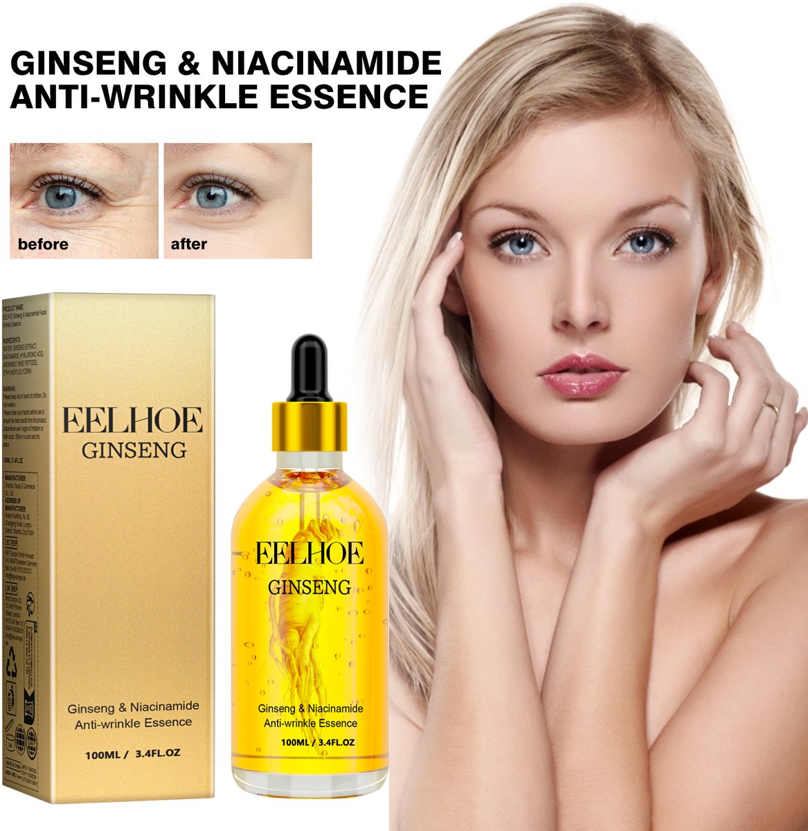 EELHOE Ginseng Essence Serum – Gezichtsserum – Anti-Aging – Hydratatie – Rimpelvervaging，Ginseng Serum, Anti-Aging Essence – Hydraterend, Rimpelverminderend, Huidverstevigend – Diepe hydratatie, Verheldert de teint, Verzacht fijne lijntjes