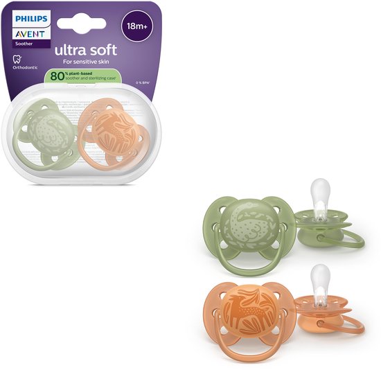 Sucettes Philips Avent Ultra Soft en emballage et deux pièces détachées. Vert pâle dinosaure, pêche cerf. 18m+.