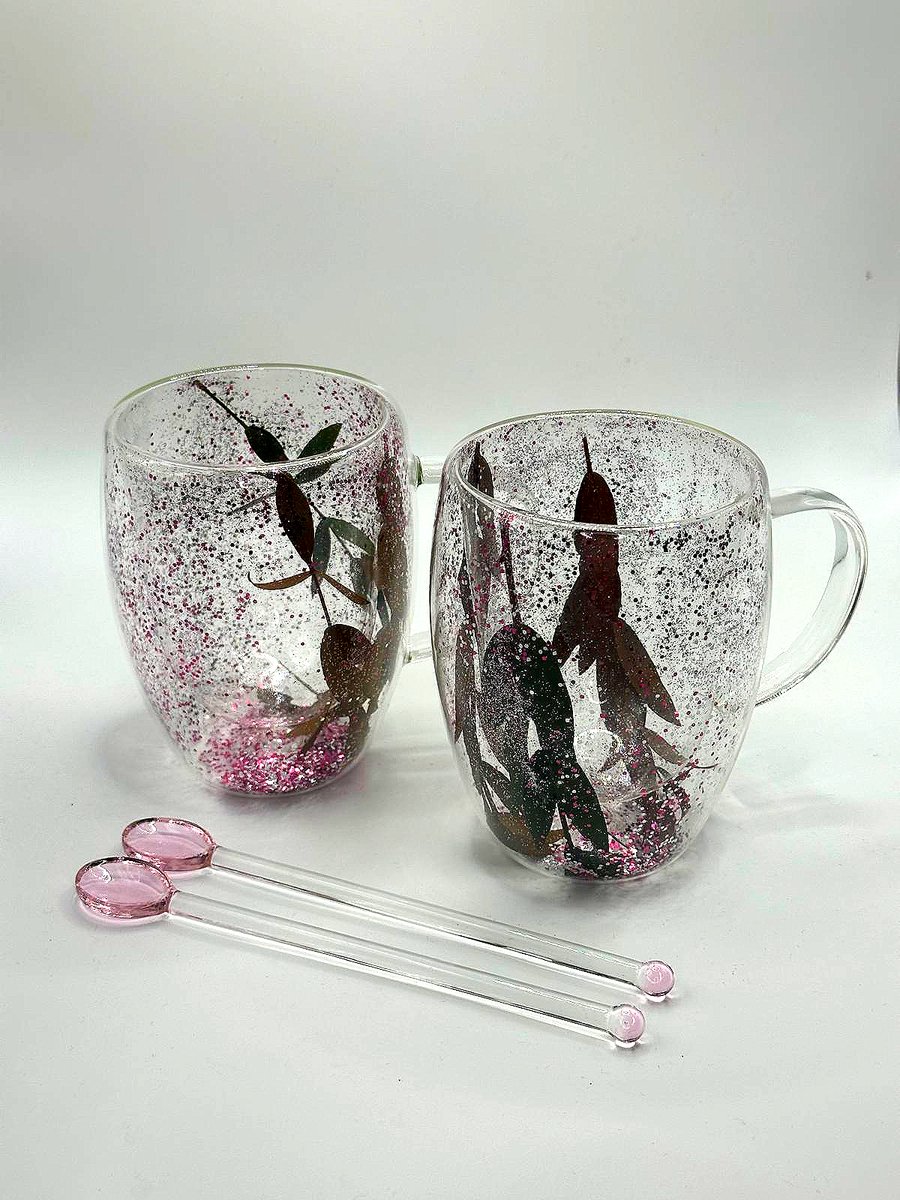 2 Unieke handgemaakte dubbelwand Koffie en Theeglazen met gedroogde bloemen - 350ml - Inclusief 2x Lepels - Latte Macchiato Glazen - Cappuccino Glazen - Koffieglazen