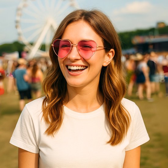 Lachende jonge vrouw met roze hartvormige zonnebril met gouden montuur op een festival.
