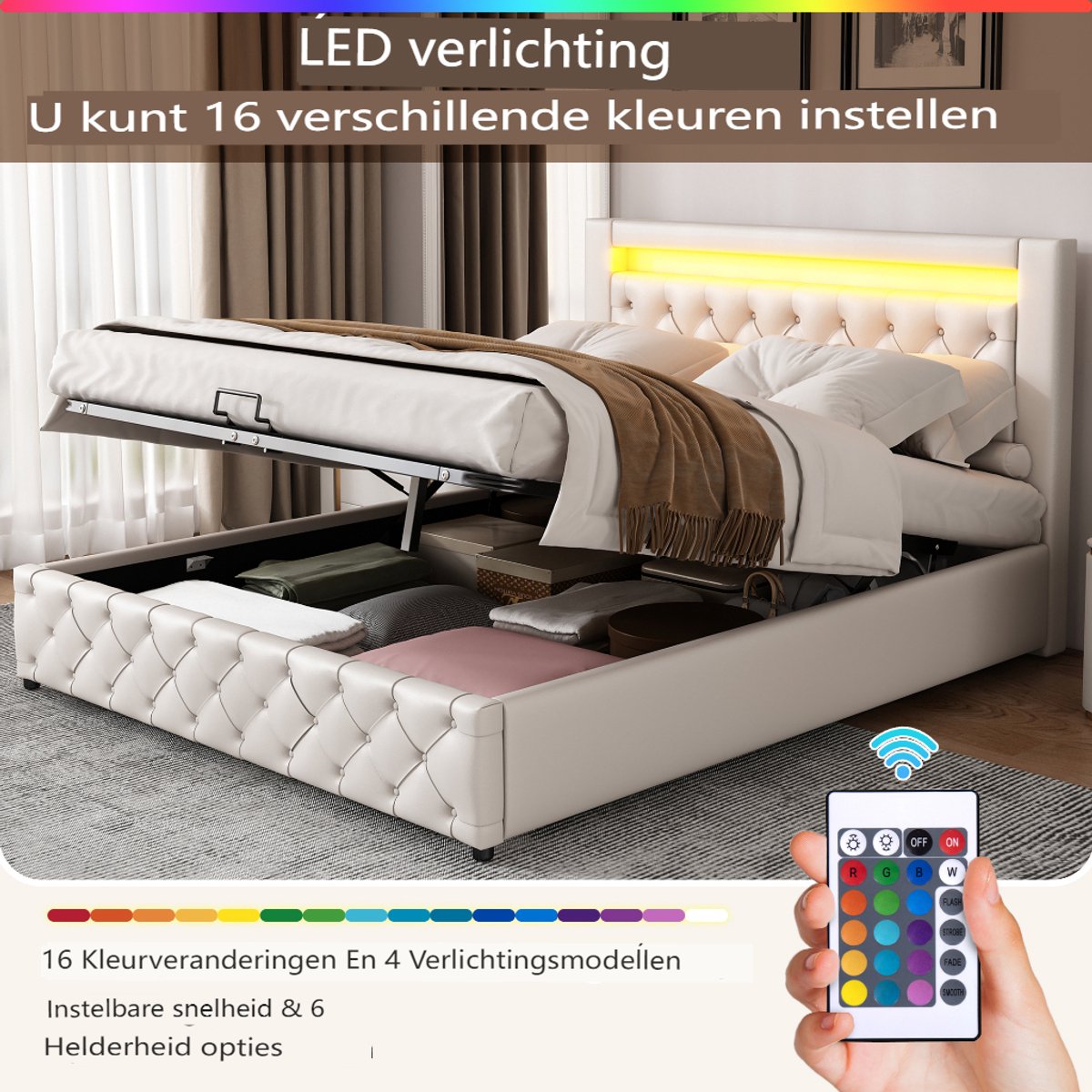 Opbergbed 140x200 cm met opbergruimte, opbergruimte en ledverlichting, volwassen bed met lattenbodem, PU-materiaal, wit(Matras niet inbegrepen)