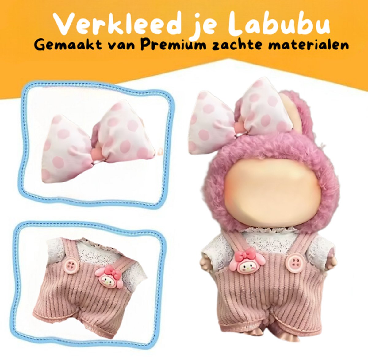 Schattige Zachte Denim Roze Kleding – Met Speltje en Strikje – Cute Outfit Accessoire Geschikt voor Labubu (Pop Niet Inbegrepen)