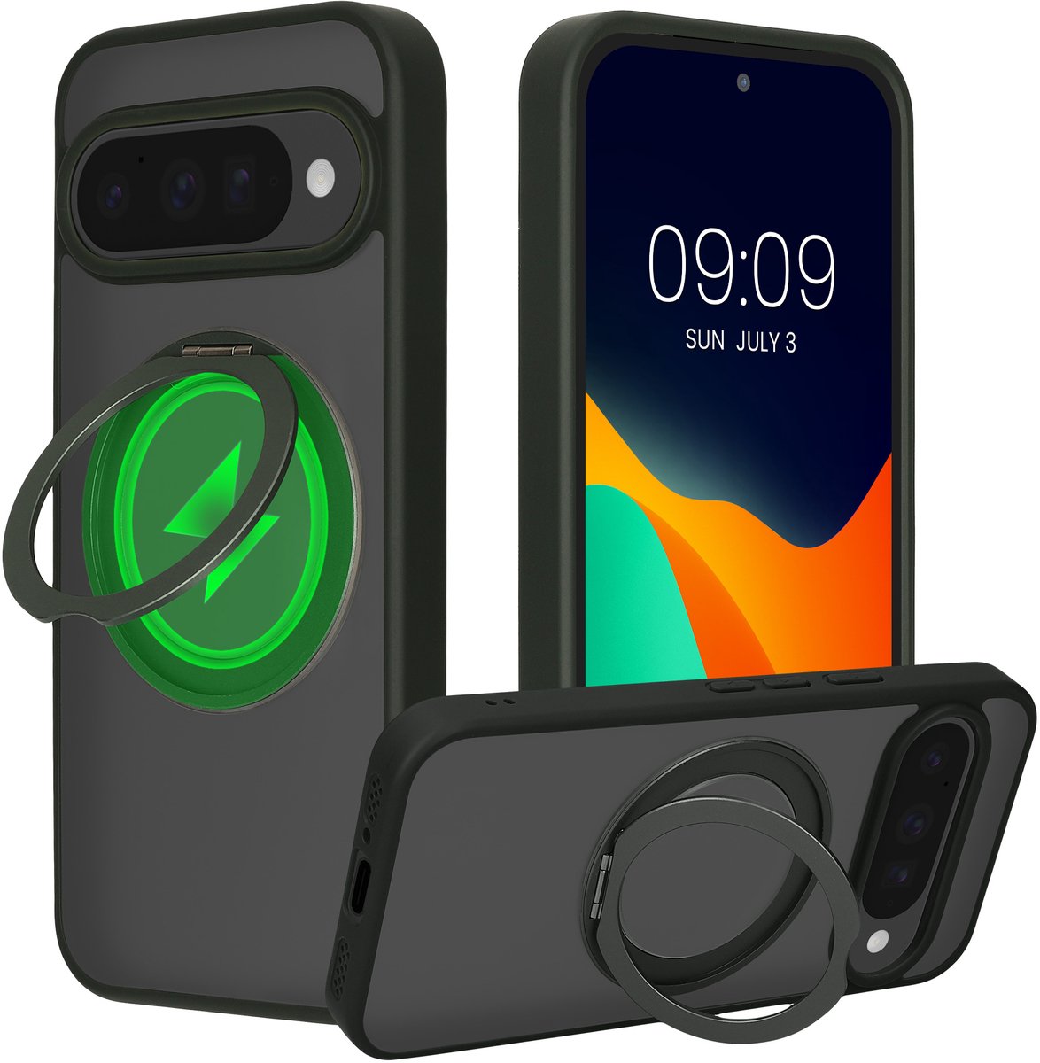 kalibri Beschermhoes met ringhouder vppr Google Pixel 10 / Pixel 10 Pro - Kickstand 360° harde hoes compatibel met MagSafe - mosgroen / mat transparant