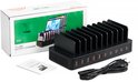 Zwart YONO 10-poorts oplaadstation met schotten, gebruikershandleiding en kabels.