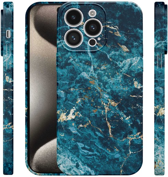 iPhone 15 Pro Max met blauw en goud marmer hoesje, zijkanten zichtbaar