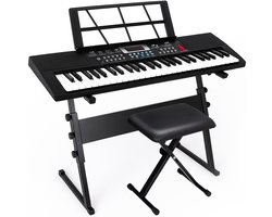 PlayOn Keyboard - Piano - Keyboard Piano - Digitale Piano - Inclusief Keyboardstandaard, Zitbankje en Micorfoon - Kinder Piano - 61 toetsen - Zwart