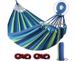 iBright dubbele Hangmat met Spreidstok - Extra stevige stalen aansluiting - 200x150cm - In Opbergtas + Bevestigingstouwen - 2 persoons - Weerbestendig -Blauw gestreept