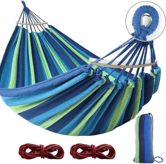 iBright dubbele Hangmat met Spreidstok - Extra stevige stalen aansluiting - 200x150cm - In Opbergtas + Bevestigingstouwen - 2 persoons - Weerbestendig -Blauw gestreept