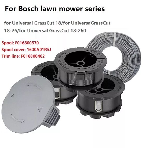 Set voor Bosch grasmaaiers: 3 zwarte spoelen met draad, 1 grijze kap en 1 rol draad.