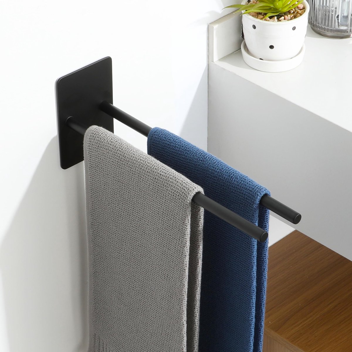Ibenzoa® Zelfklevende handdoekhouder met dubbelzijdige stang voor badkamer of keuken, mat zwart, zonder boren, 30 cm