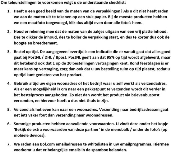 Informatie over verzending en maten van producten.
