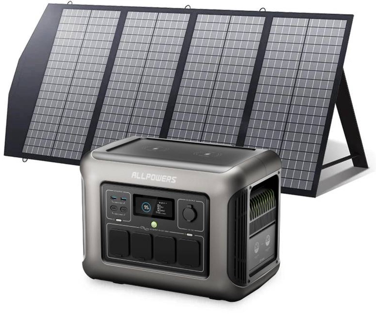 Allpowers® R1500 Powerstation + 140W Zonnepaneel – Capaciteit 1152Wh - 1800W AC Output – UPS – Uitbreidbaar met B1000 – Back-up Stroomvoorziening - 3000W Piek - USB - DC - AC - Camping - LFP - Draagbare LiFePO4 Energiecentrale - Zonnegenerator